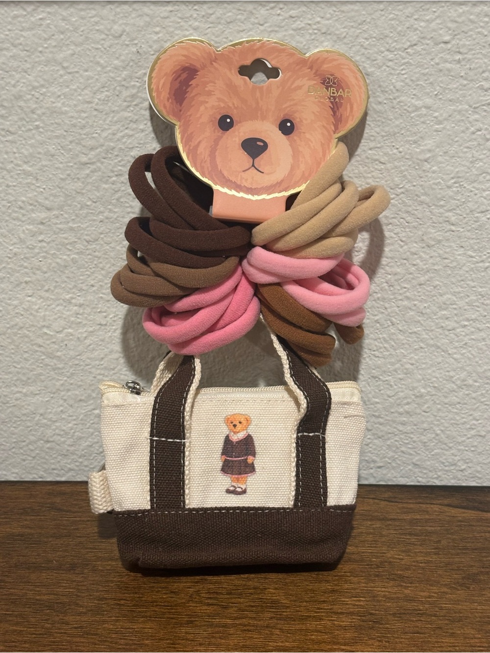 Kids Plush Bear Hair Tie Set with Mini Canvas Tote - Brown, Pink, Tan - Picture 2 of 7